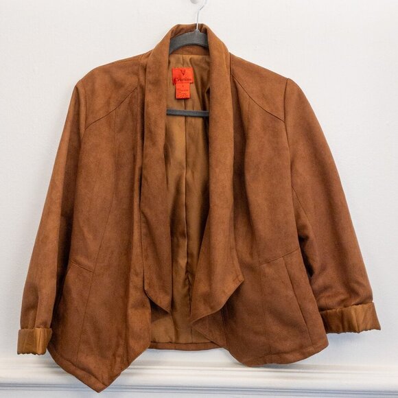 V Cristina Faux Suede Brown Open Front Blazer Jacket Size S Draped Lined Vintage - Picture 1 of 3